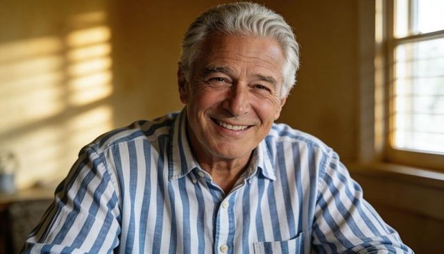 Smiling gray-haired senior man radiating warmth in sunlit home interior