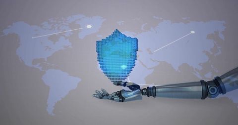 Robotic Arm Presenting Digital Shield with Tech Nodes World Map