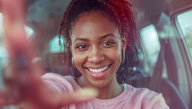 Young Woman Taking Selfie Inside Car Smiling with Hand Gesture