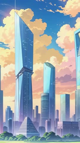 Vertical video panning through futuristic skyline showing glass skyscrapers, pyramid, golden sunset