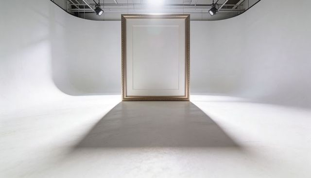 Ornate gold frame with inner matting standing in white studio casting dramatic long shadow