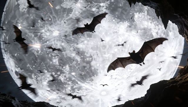 Streaming colony of bats soaring past full cratered moon while exiting cave mouth, meteors streaking