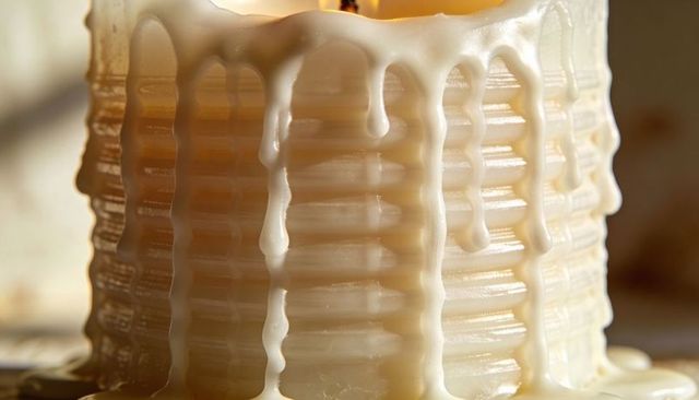Ivory ribbed candle dripping glossy translucent wax with warm flame macro close-up still life