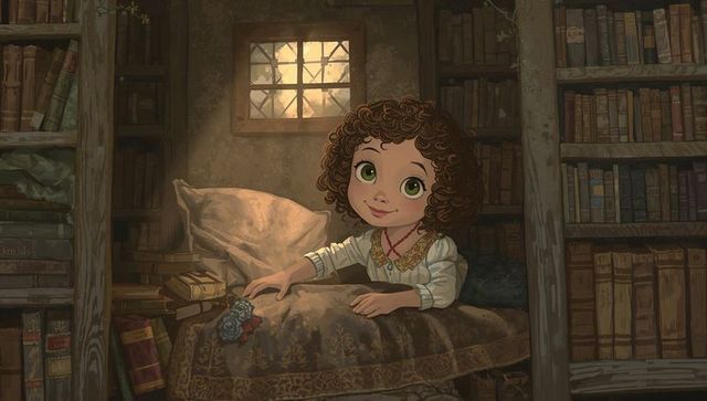 Curly-haired girl gazing from narrow bed in cozy rustic library, warm golden light