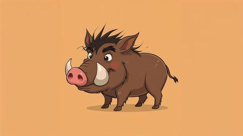 Adorable Cartoon Wild Boar with Curved Tusks on Beige Background