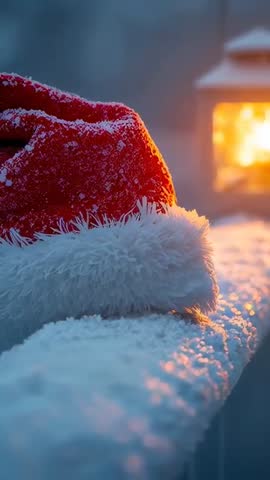 Vertical video Santa hat resting on snowy railing with lantern glow at dusk