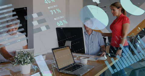 Team Analyzing Business Data with Digital Overlay in Modern Office