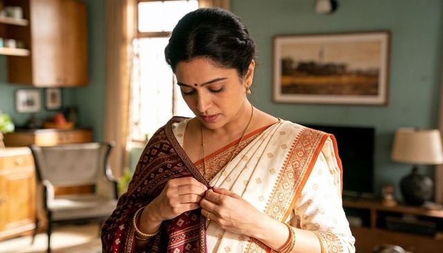 Woman adjusting cream saree with maroon gold border in cozy living room serene moment