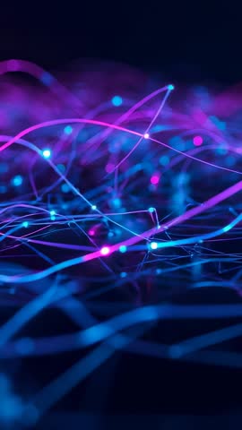 Vertical neon data filaments rippling across pulsing mesh nodes cyan magenta loop