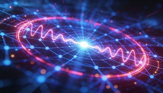 Neon energy core radiating through 3d digital network with magenta waveform and nodal mesh