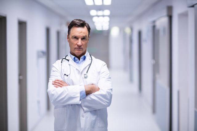Male doctor standing with arms crossed in a hospital corridor, conveying confidence and professionalism. Ideal for use in healthcare advertisements, medical websites, hospital brochures, and educational materials about medical professions.