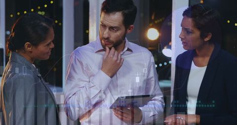 Coworkers discussing finances with data overlay