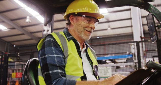 Senior factory worker operating machinery in industrial warehouse, wearing protective gear including hard hat, safety vest, and safety glasses. Worker smiling while reading documents, suggesting a safe and positive workspace. Suitable for use in materials related to industrial safety, machinery operations, labor force demographics, and workplace environments.