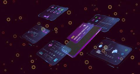 Futuristic Neon Mobile Payment Interface Showing Virtual Card and Holographic Analytics Panels