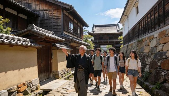Elder guide in kimono leading travelers along historic japanese cobblestone street and gate