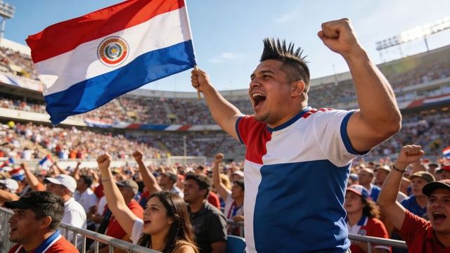 Paraguayan fans cheering and waving national flag, crowd celebrating at soccer stadium