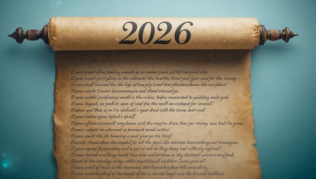 Displaying antique parchment scroll with bold 2026 print and ornate wooden finials