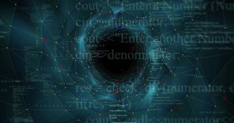 Digital Vortex Pulsing Inside Network Mesh with Floating Code and Red Alert Nodes