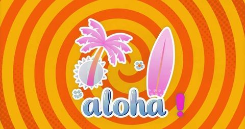 Colorful Tropical Aloha Greeting with Surfboard and Palm