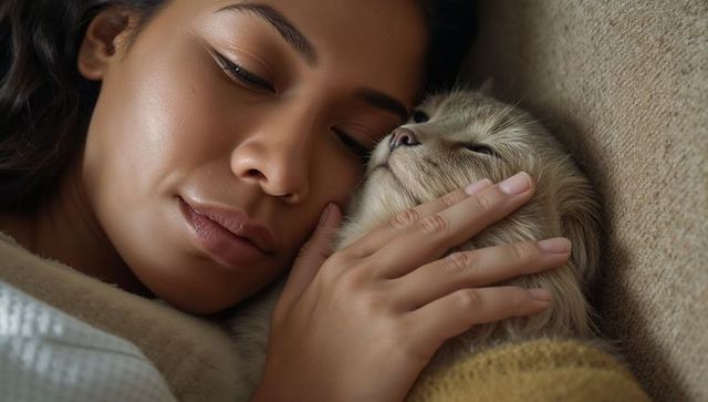 Relaxed woman snuggling long-haired cat on sofa closeup warm intimate pet bonding