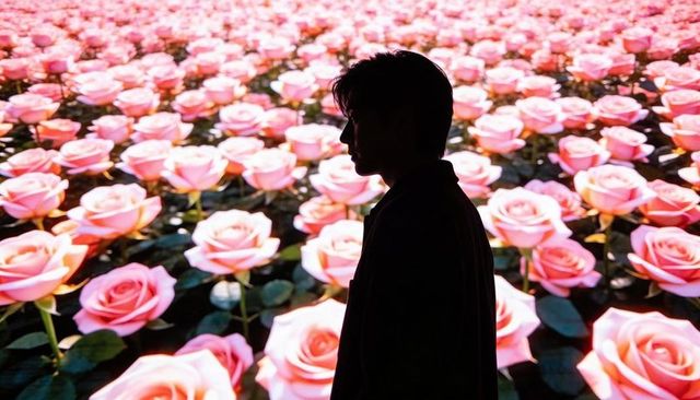 Silhouette man standing wearing coat before illuminated field of pink roses installation
