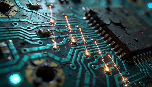Sparking PCB Traces with Molten Solder and Scorched Integrated Circuit Close-Up