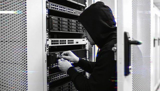 Hooded technician repairing server drive bay in secure data center rack