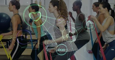 Group training with resistance bands showing augmented reality fitness metrics and teamwork