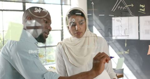 Diverse colleagues brainstorming business strategy on glass board