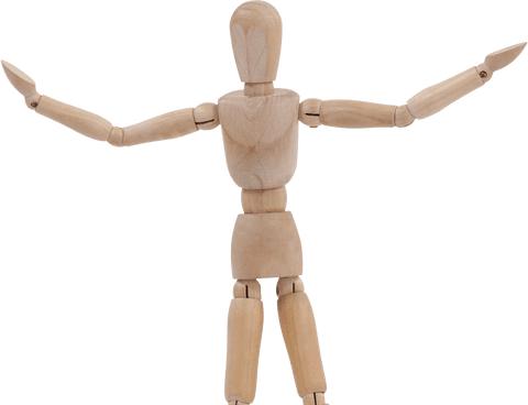 Wooden mannequin figurine with spread arms on transparent background