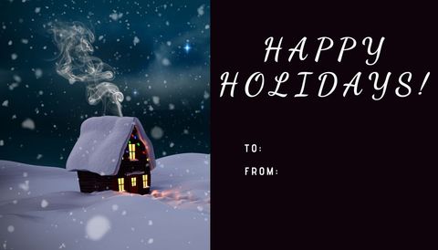 Cozy cabin in snowy night holiday greeting template