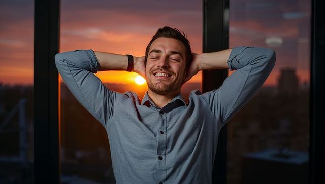 Young professional relaxing at office window during sunset, urban work-life balance