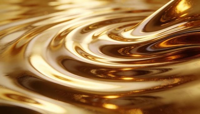 Swirling molten gold creating glossy concentric ripples with reflective metallic sheen