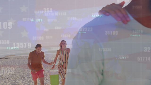 Group of diverse friends enjoying together on beach with overlay of American flag and digital data graphics. Suitable for projects related to summer vacation, friendship, technology, patriotism, and digital interfaces.