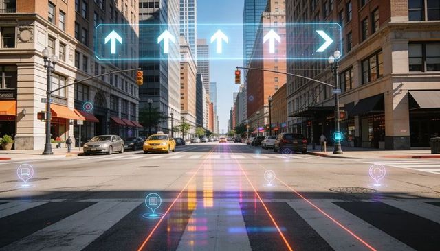 Futuristic ar-enhanced urban street with holographic lane markers and navigation arrows