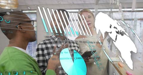 Team Analyzing Data Visualization on Glass Screen in Modern Office