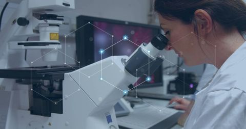 Female Scientist Analyzing Samples Under Microscope with Digital Overlay - Download Free Stock Images Pikwizard.com