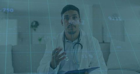 Doctor Using Telemedicine Technology with Digital Grid Overlay