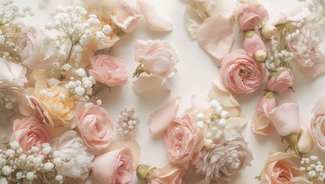 Soft pastel garden roses and peonies flatlay with baby's breath romantic backdrop