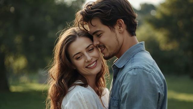 Romantic couple embracing at golden hour in sunlit park, intimate nuzzling gentle moment