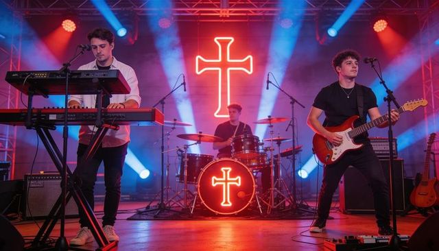 Indie rock trio performing on neon-lit stage with cross drum, electric guitar and keyboard