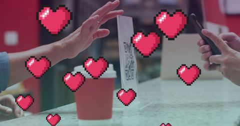 Digital Payment with Pixel Hearts in Cozy Cafe