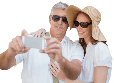 Happy Couple in Sunglasses Taking Selfie with Smartphone Transparent
