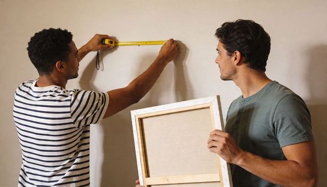 Measuring and positioning canvas for hanging art, men collaborating on diy wall decor