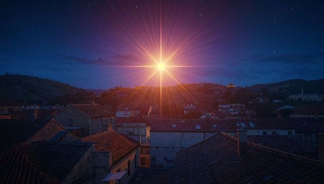 Radiant star casting light over tranquil night village