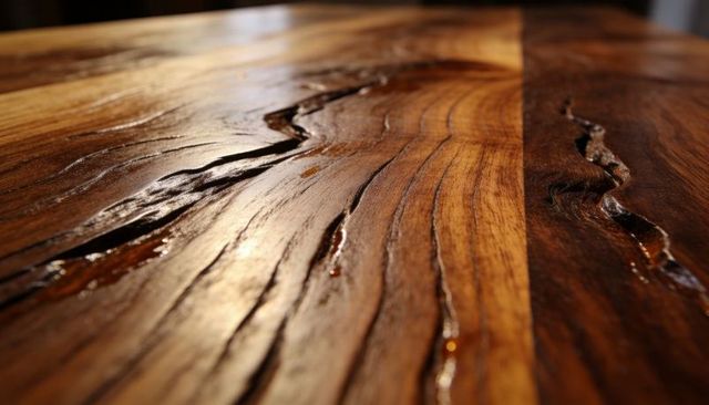 Live-edge walnut slab with resin-filled fissures showcasing amber grain and glossy finish