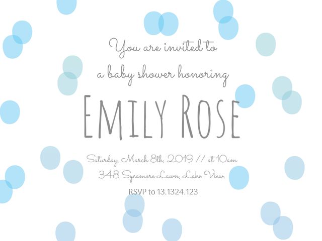 This elegant baby shower invitation features soft blue and grey polka dots on a minimalist background, perfect for celebrating upcoming addition to family. Editable with personalized details such as date, time, venue, and RSVP information. Ideal for baby showers, gender reveal parties, or other baby-related celebrations.