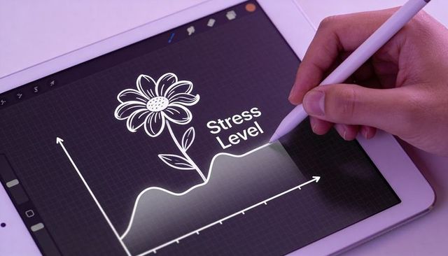 Drawing stress level graph on tablet with stylus and flower illustration
