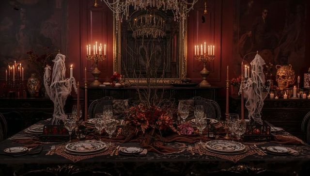 Spooky Gothic Dining Room Table with Candlelit Decorations and Ghostly Figures