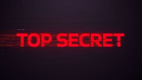 Glitching red top secret text on dark cyber background for confidential data alerts